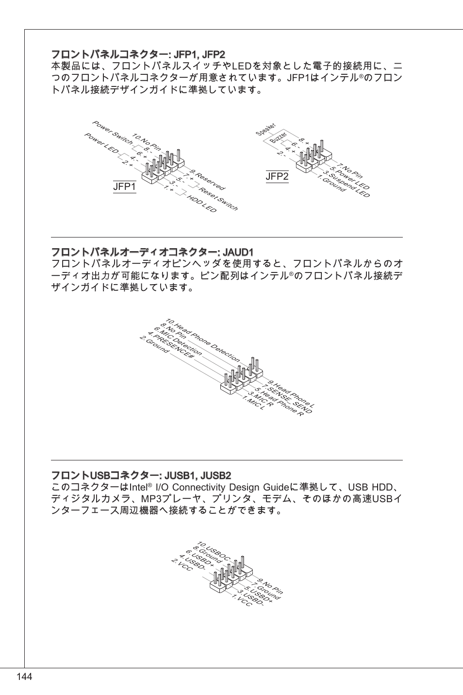 のフロン トパネル接続デザインガイドに準拠しています, のフロントパネル接続デ ザインガイドに準拠しています, フロントusbコネクター: jusb, jusb2 このコネクターはintel | MSI G41M-P33 Combo User Manual | Page 144 / 153