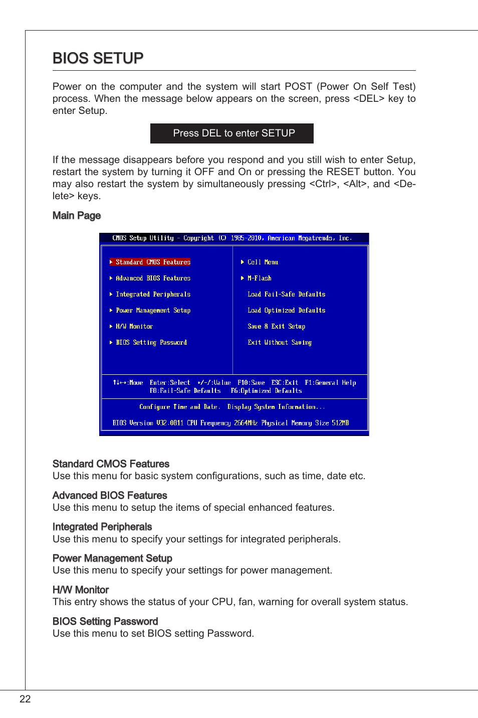 Bios setup | MSI G41M-P33 Combo User Manual | Page 22 / 153