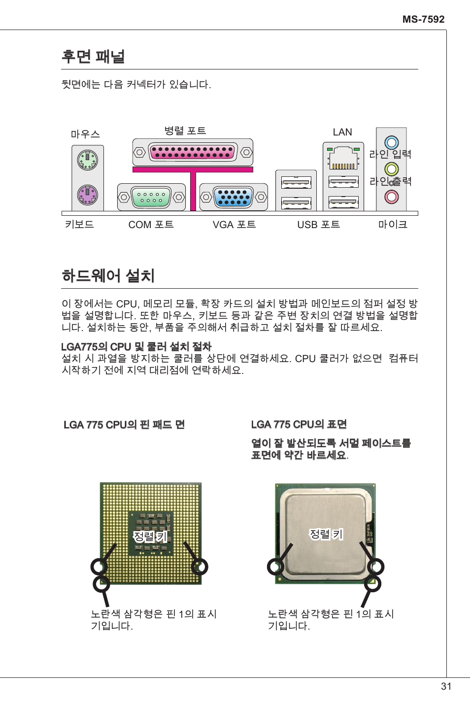 후면 패널, 하드웨어 설치 | MSI G41M-P33 Combo User Manual | Page 31 / 153