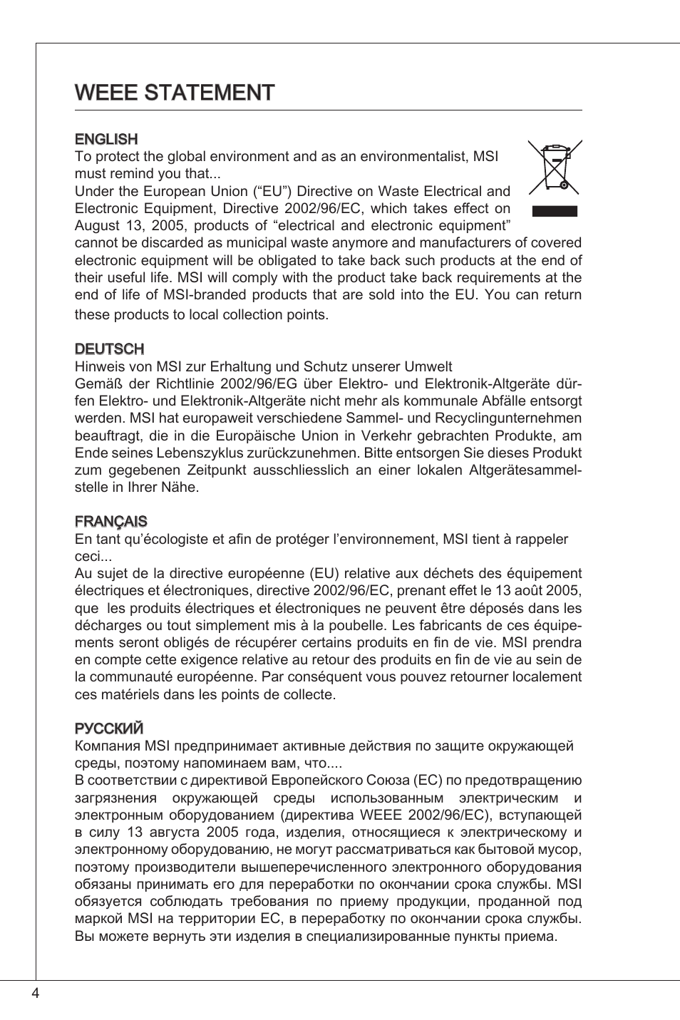 Weee statement | MSI G41M-P33 Combo User Manual | Page 4 / 153