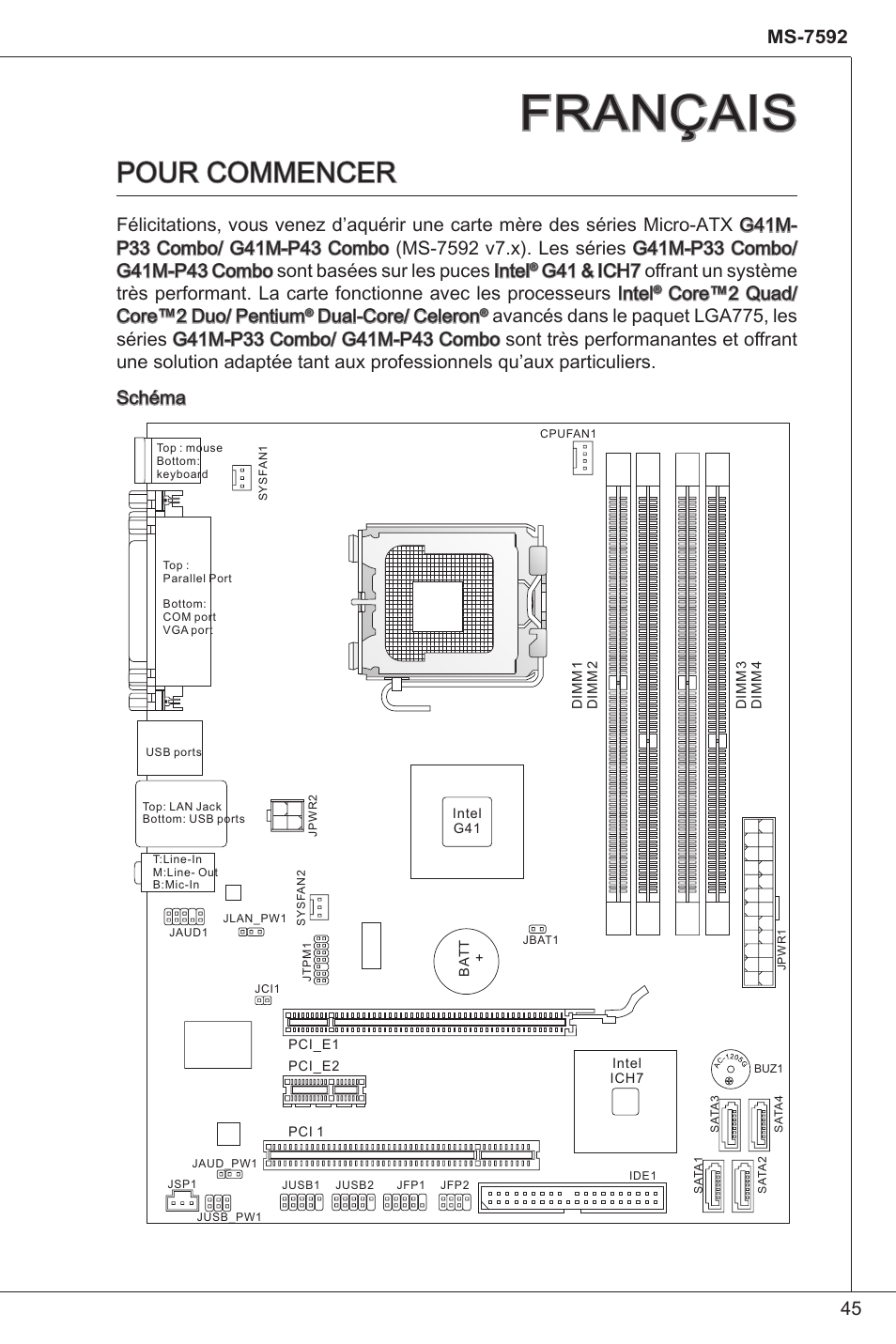 Français, Pour commencer, Core™2 quad/ core™2 duo/ pentium | Dual-core/ celeron | MSI G41M-P33 Combo User Manual | Page 45 / 153