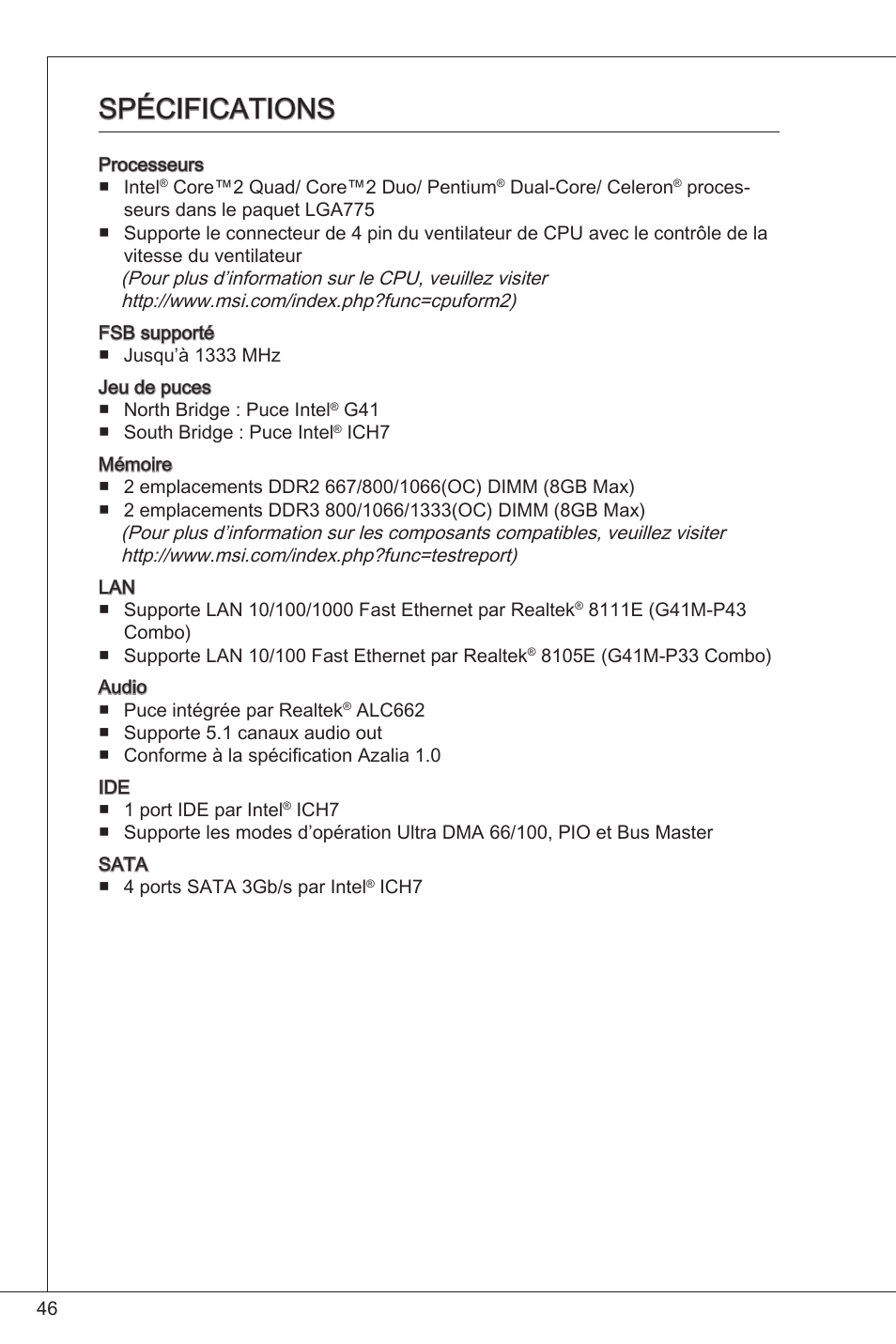 Spécifications | MSI G41M-P33 Combo User Manual | Page 46 / 153