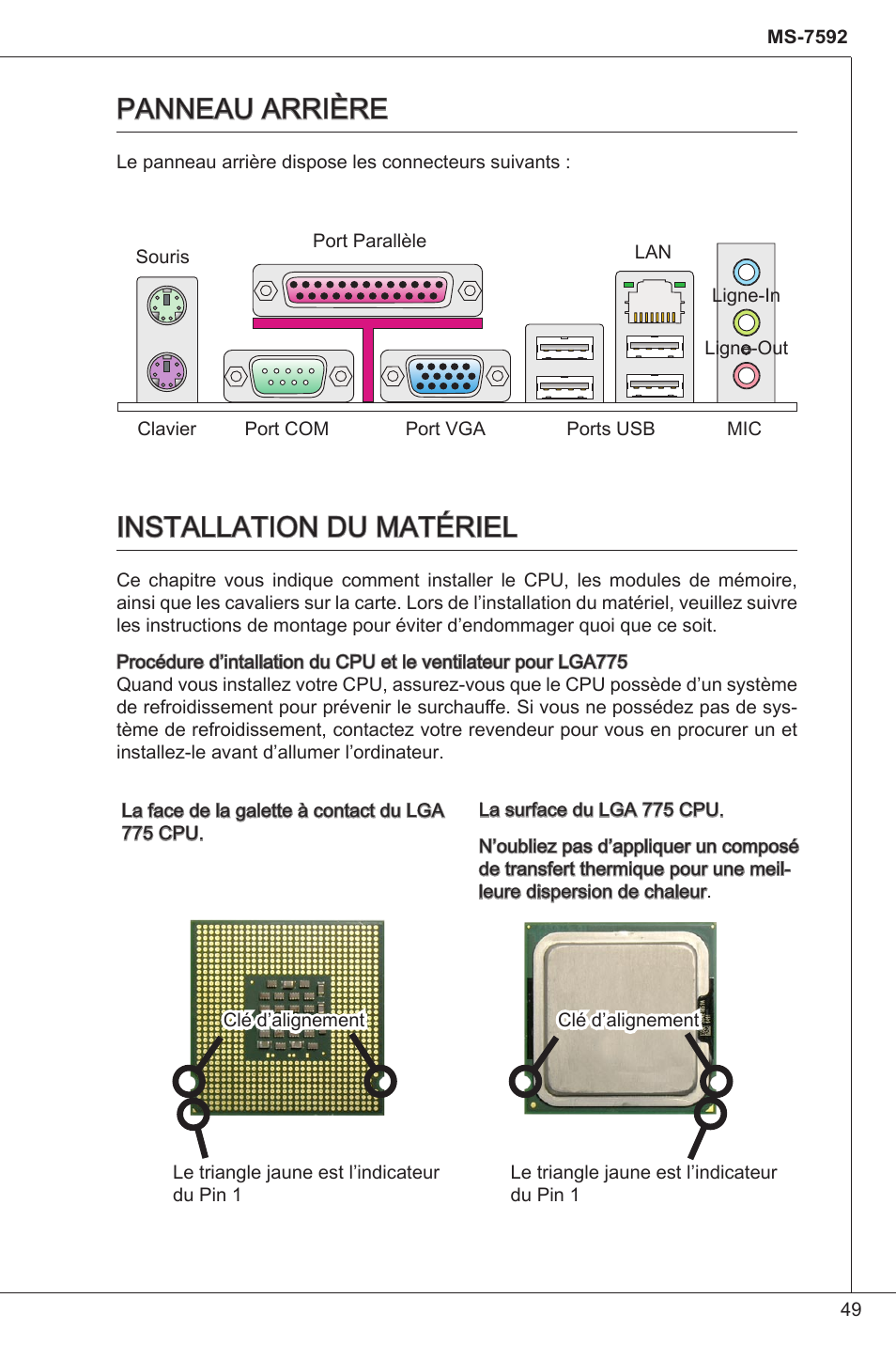 Panneau arrière, Installation du matériel, Panneau arrière installation du matériel | MSI G41M-P33 Combo User Manual | Page 49 / 153