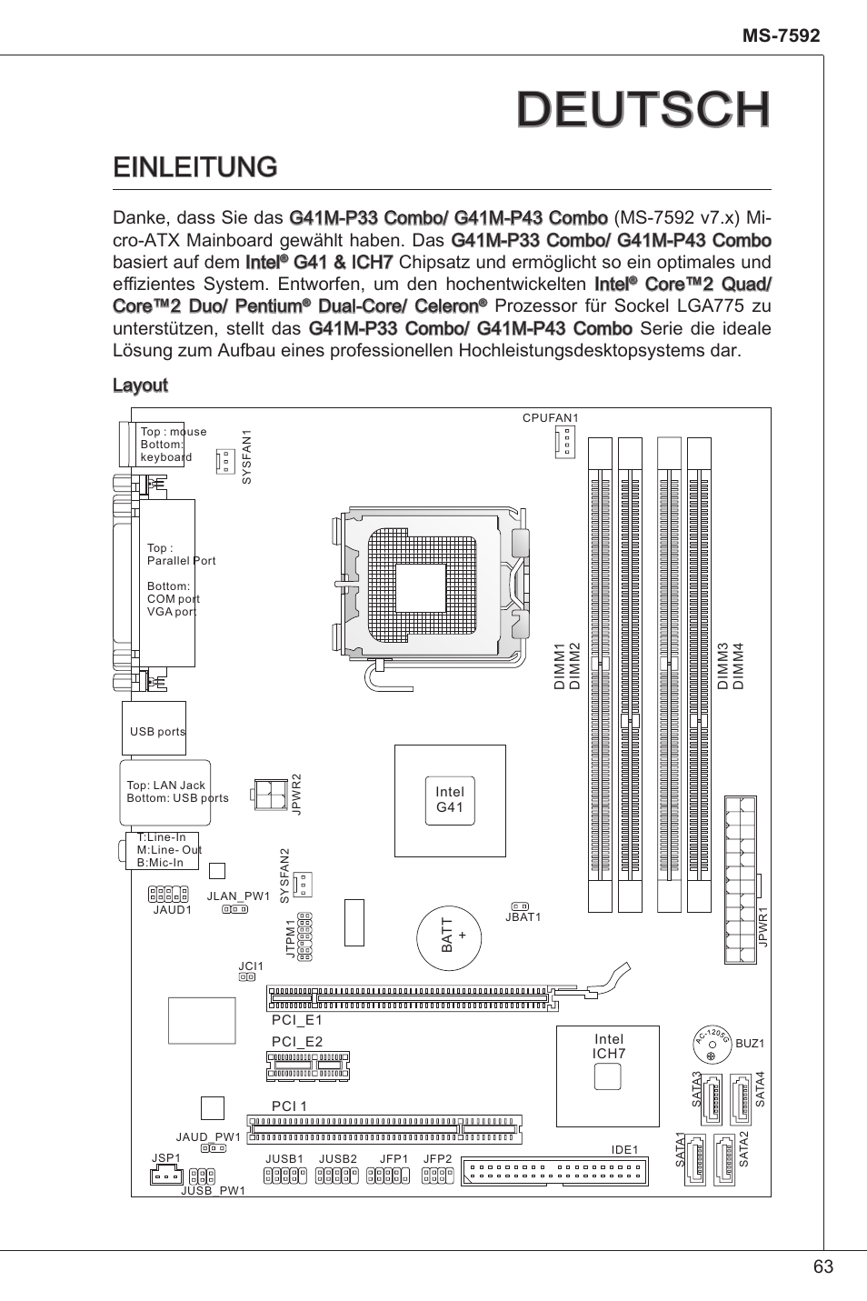 Deutsch, Einleitung, Core™2 quad/ core™2 duo/ pentium | Dual-core/ celeron | MSI G41M-P33 Combo User Manual | Page 63 / 153