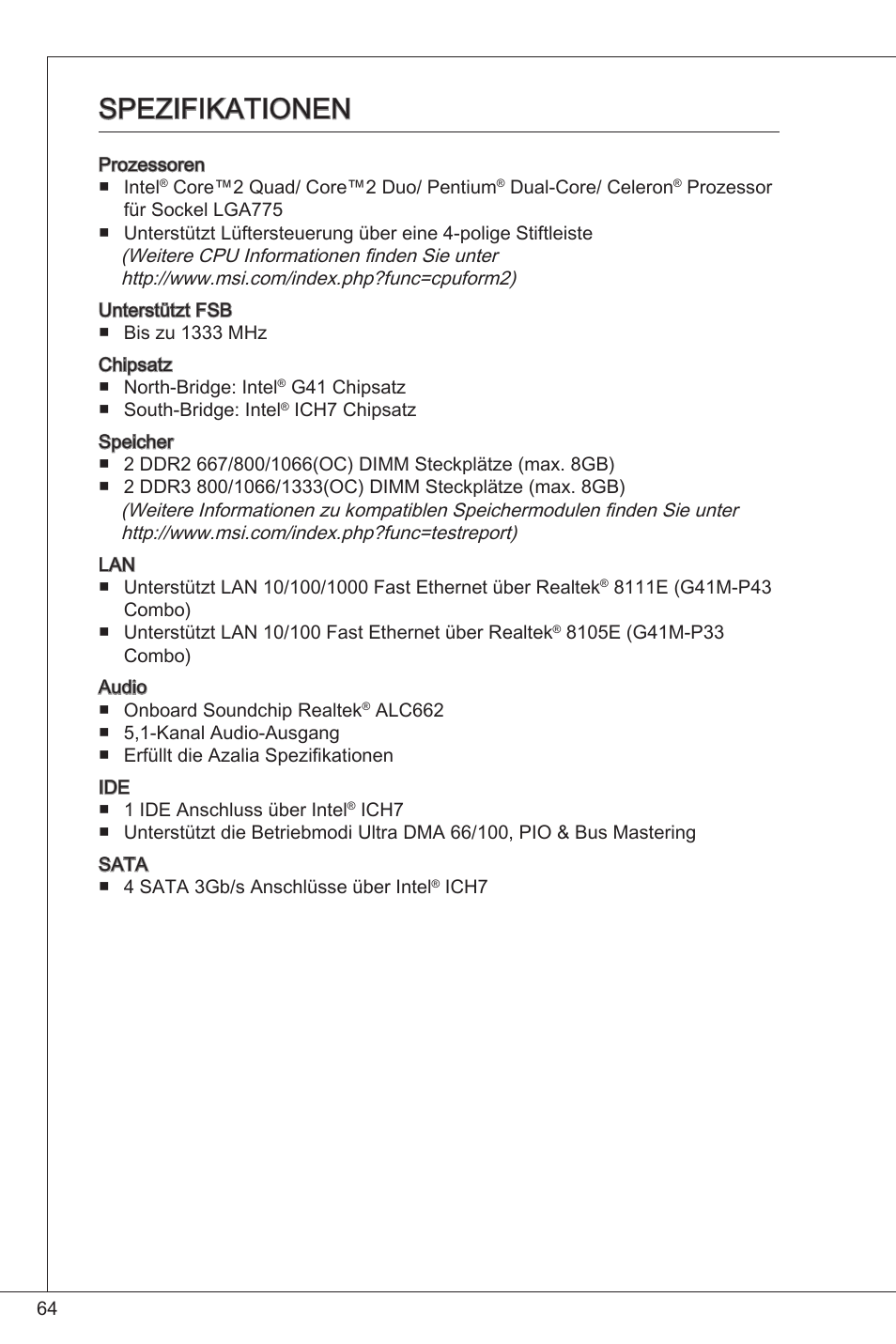 Spezifikationen | MSI G41M-P33 Combo User Manual | Page 64 / 153