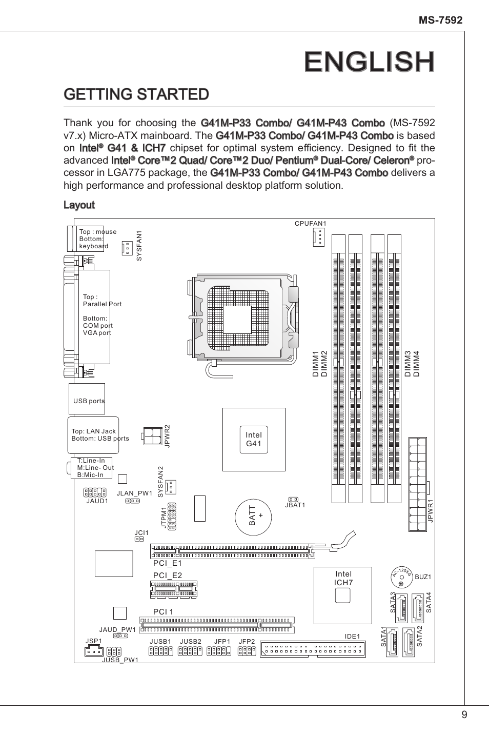 English, Getting started, Core™2 quad/ core™2 duo/ pentium | Dual-core/ celeron | MSI G41M-P33 Combo User Manual | Page 9 / 153
