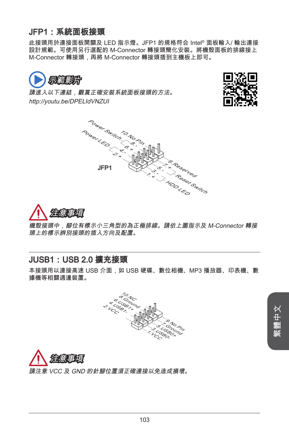 繁體中文 jfp：系統面板接頭, 示範影片, 注意事項 | Jusb：usb 2.0 擴充接頭 | MSI J1900I User Manual | Page 103 / 122