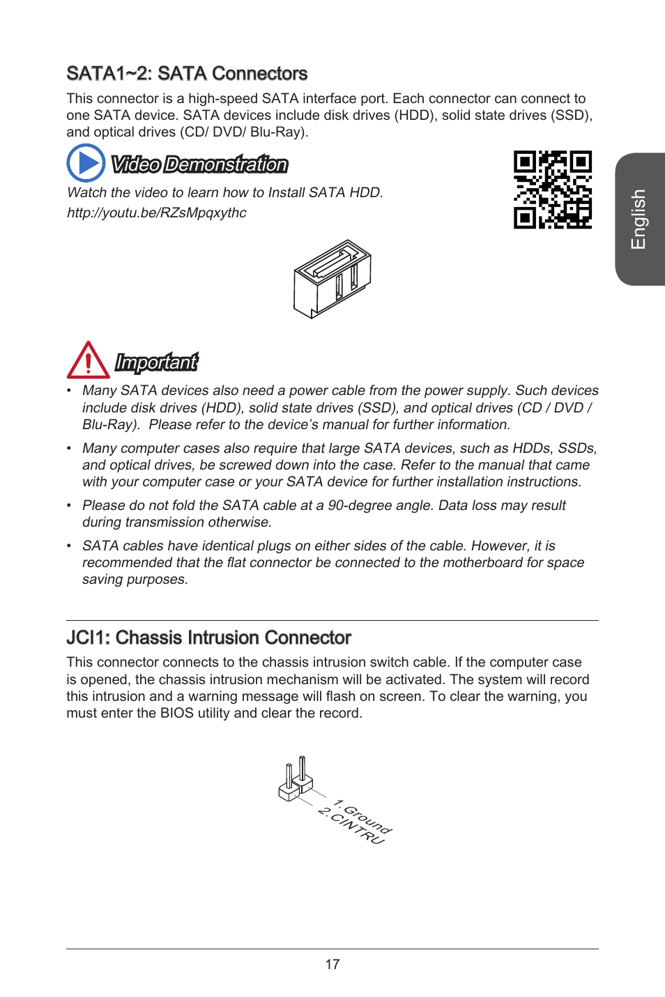 English, Sata~2: sata connectors, Video demonstration | Important, Jci: chassis intrusion connector | MSI J1900I User Manual | Page 17 / 122