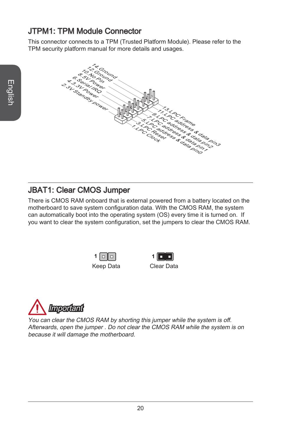 English, Jtpm: tpm module connector, Jbat: clear cmos jumper | Important | MSI J1900I User Manual | Page 20 / 122