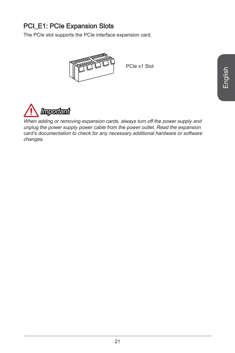 English, Pci_e: pcie expansion slots, Important | MSI J1900I User Manual | Page 21 / 122