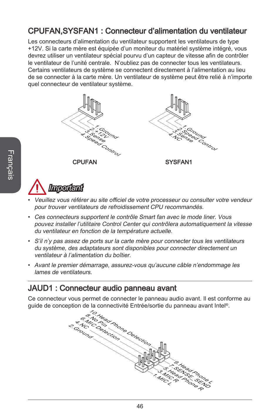 Français, Important, Jaud : connecteur audio panneau avant | MSI J1900I User Manual | Page 46 / 122