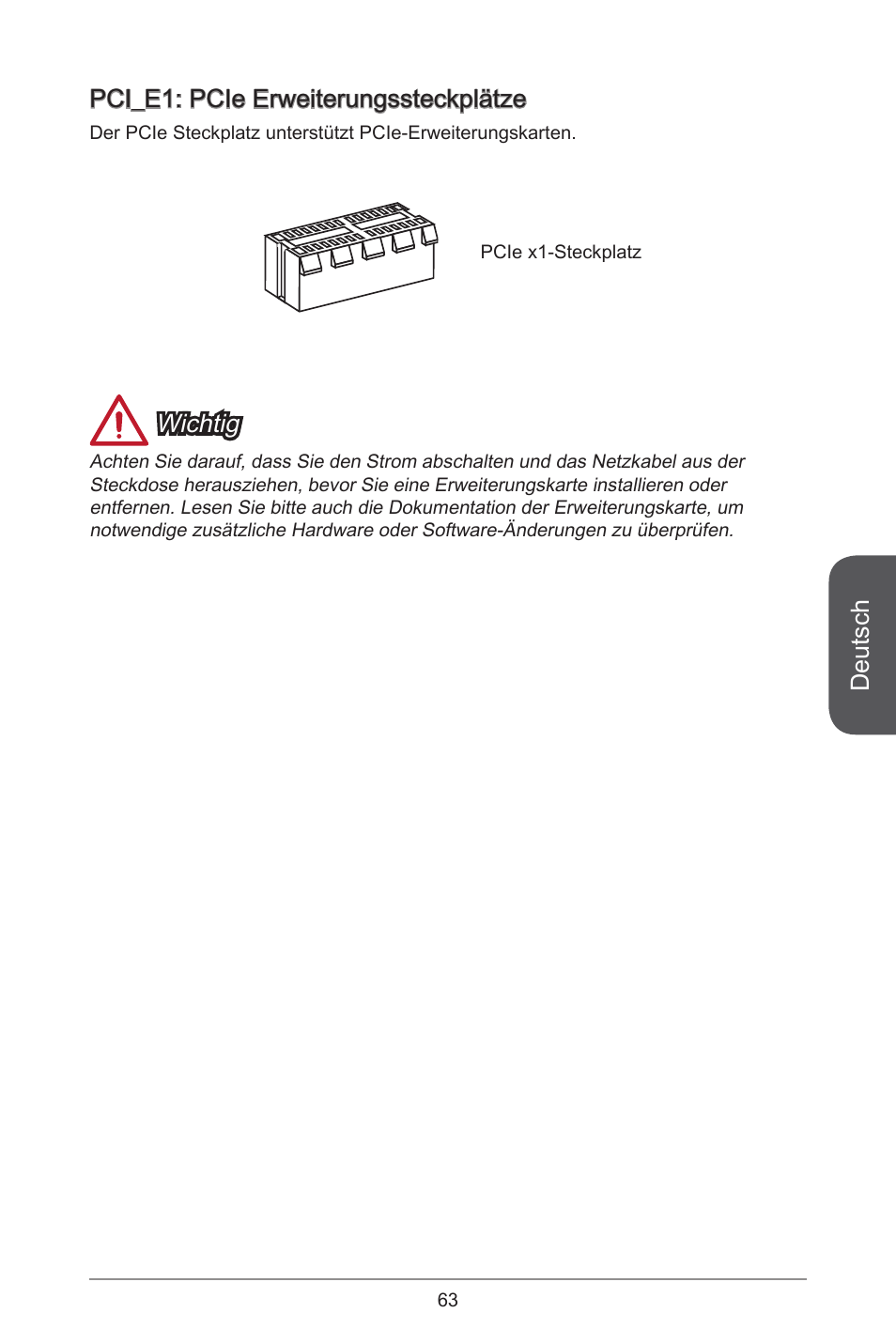 Deutsch, Pci_e: pcie erweiterungssteckplätze, Wichtig | MSI J1900I User Manual | Page 63 / 122