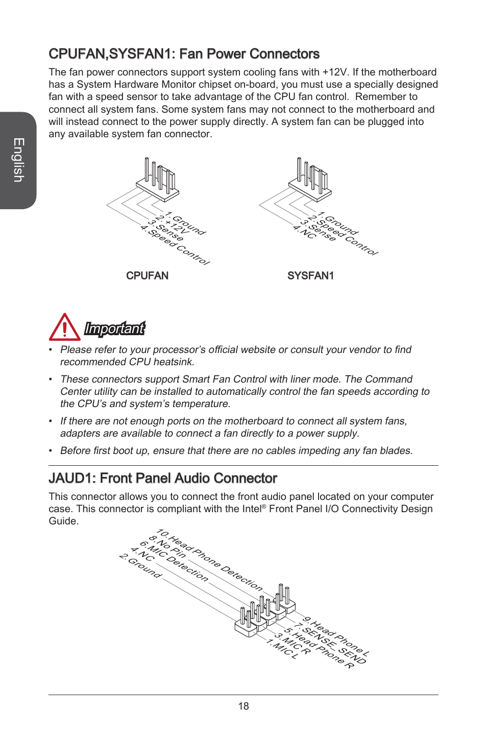 English, Cpufan,sysfan: fan power connectors, Important | Jaud: front panel audio connector | MSI J1800I User Manual | Page 18 / 122