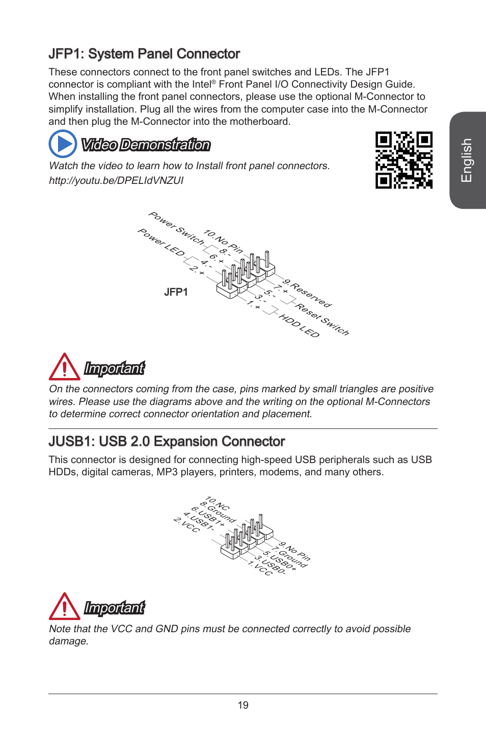 English, Jfp: system panel connector, Video demonstration | Important, Jusb: usb 2.0 expansion connector | MSI J1800I User Manual | Page 19 / 122