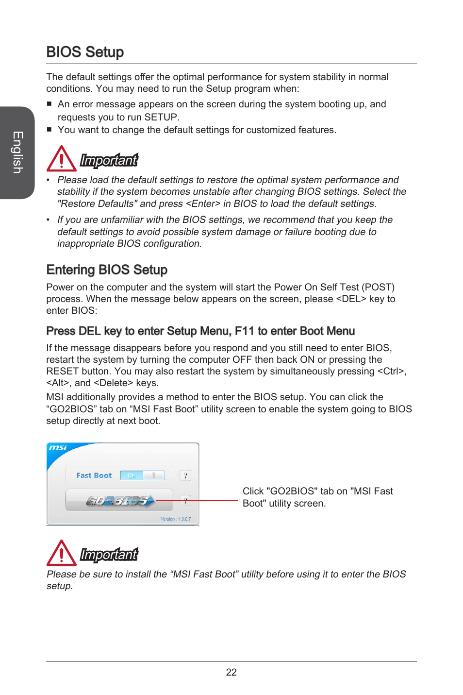 Bios setup, English, Important | Entering bios setup | MSI J1800I User Manual | Page 22 / 122