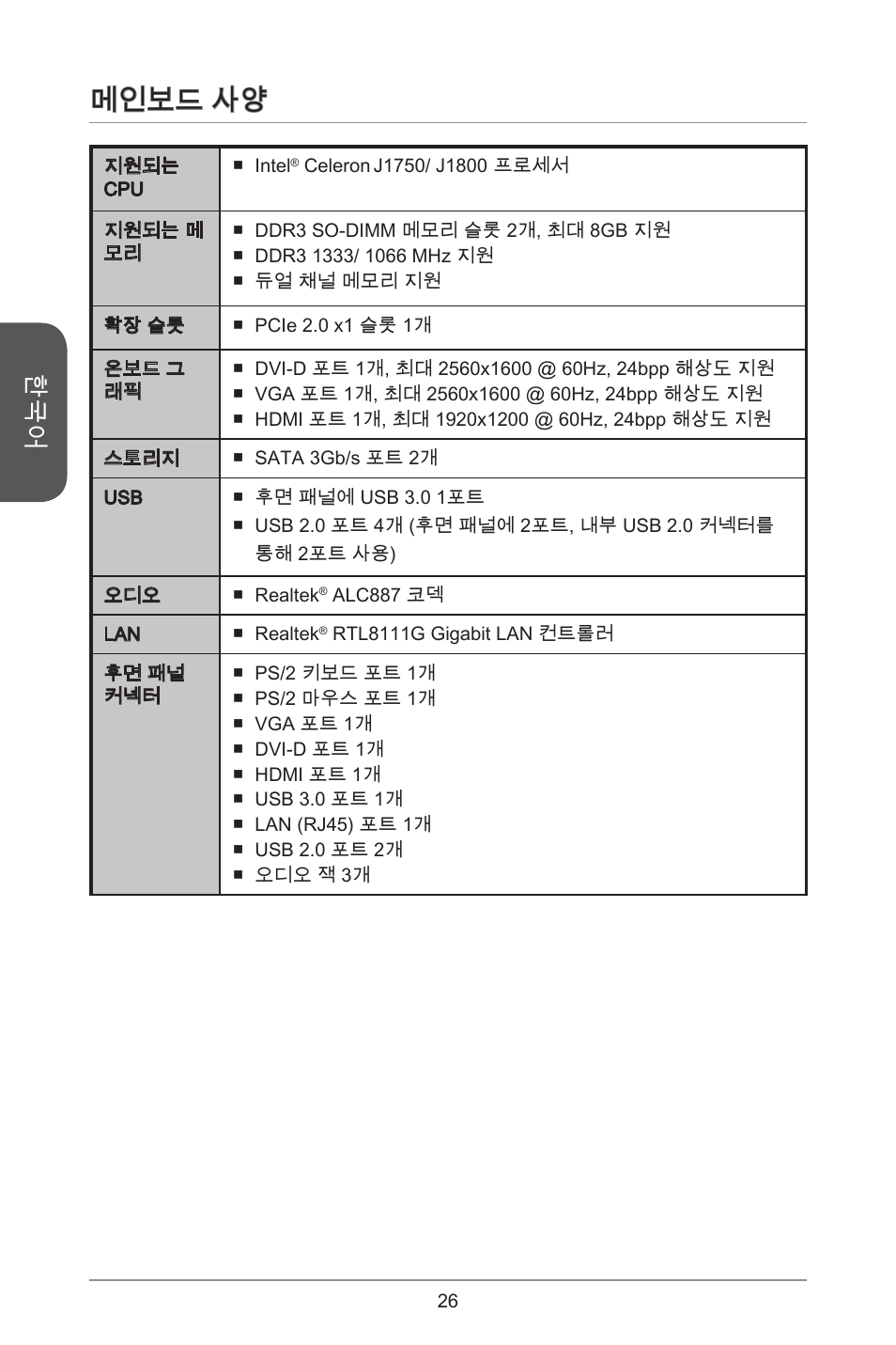 메인보드 사양 | MSI J1800I User Manual | Page 26 / 122