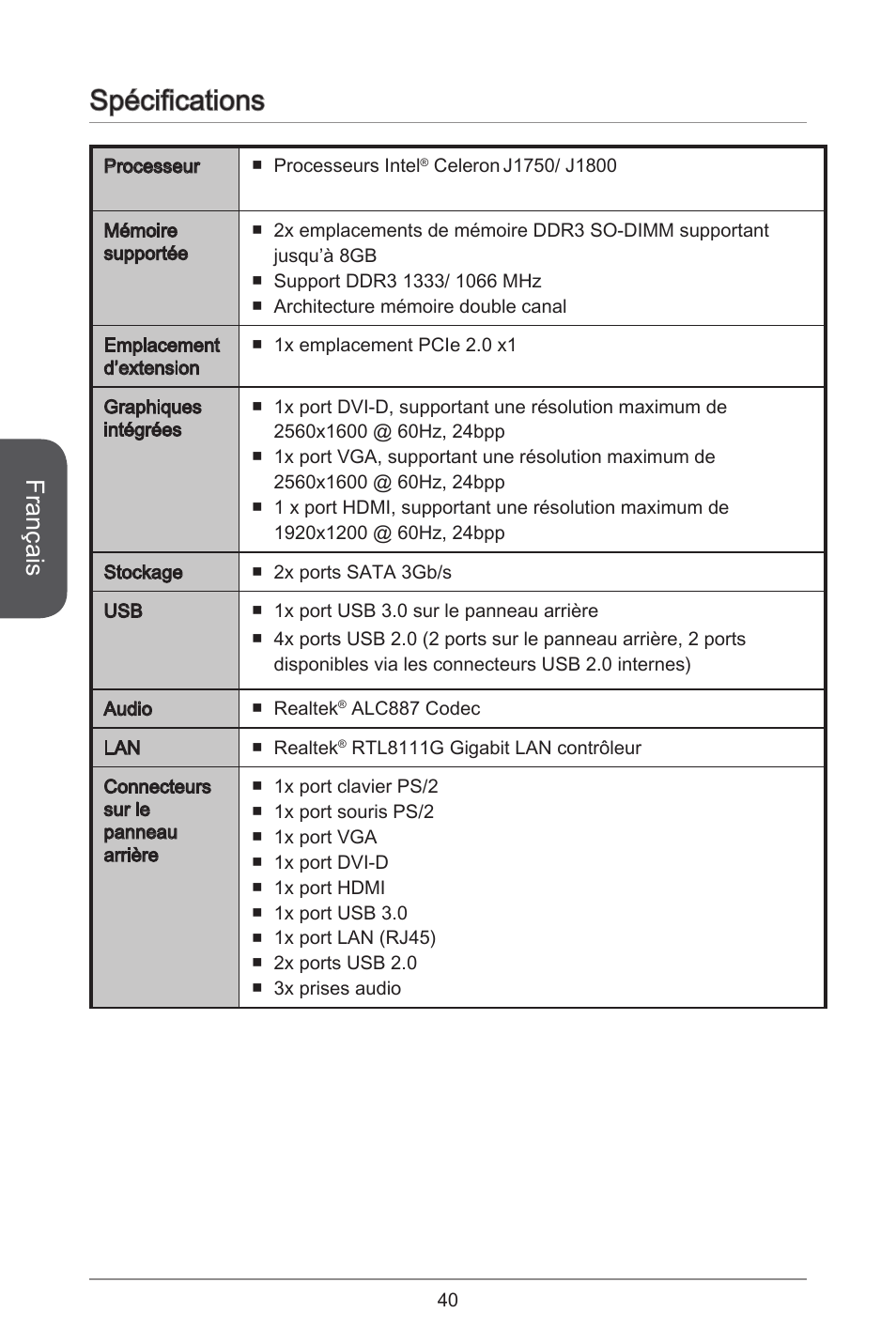 Spécifications, Français | MSI J1800I User Manual | Page 40 / 122