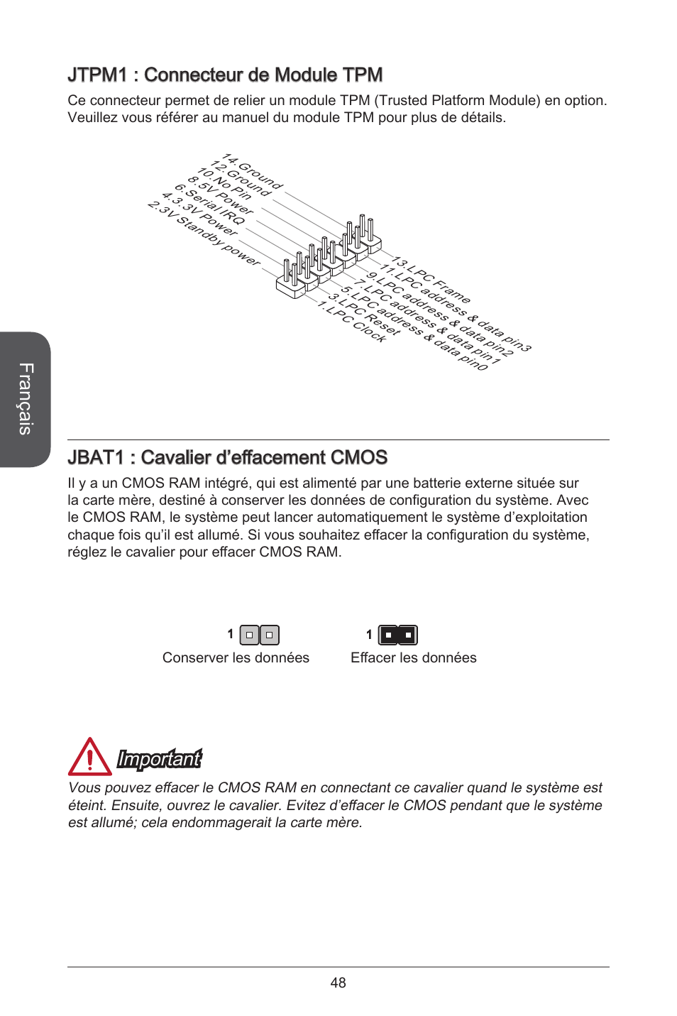 Français, Jtpm : connecteur de module tpm, Jbat : cavalier d’effacement cmos | Important | MSI J1800I User Manual | Page 48 / 122