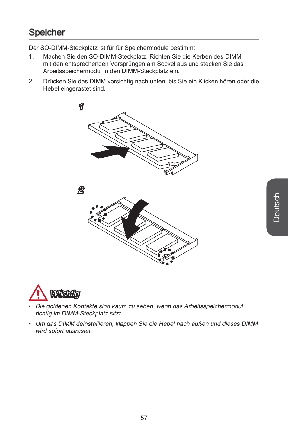 Speicher, Deutsch, Wtichtig | MSI J1800I User Manual | Page 57 / 122