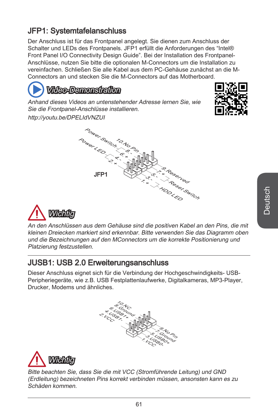 Deutsch, Jfp: systemtafelanschluss, Video-demonstration | Wichtig, Jusb: usb 2.0 erweiterungsanschluss | MSI J1800I User Manual | Page 61 / 122