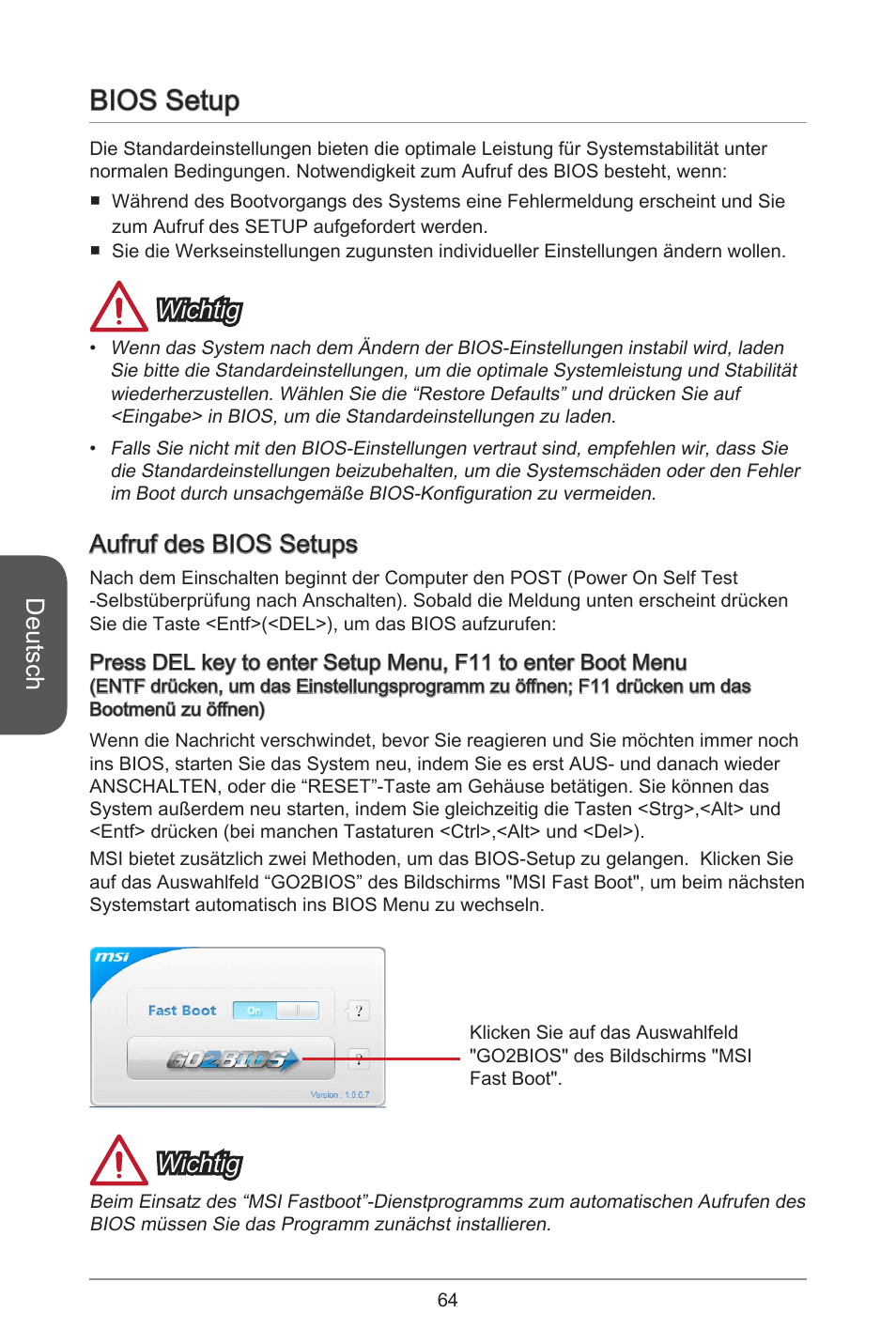 Bios setup, Deutsch, Wichtig | Aufruf des bios setups | MSI J1800I User Manual | Page 64 / 122
