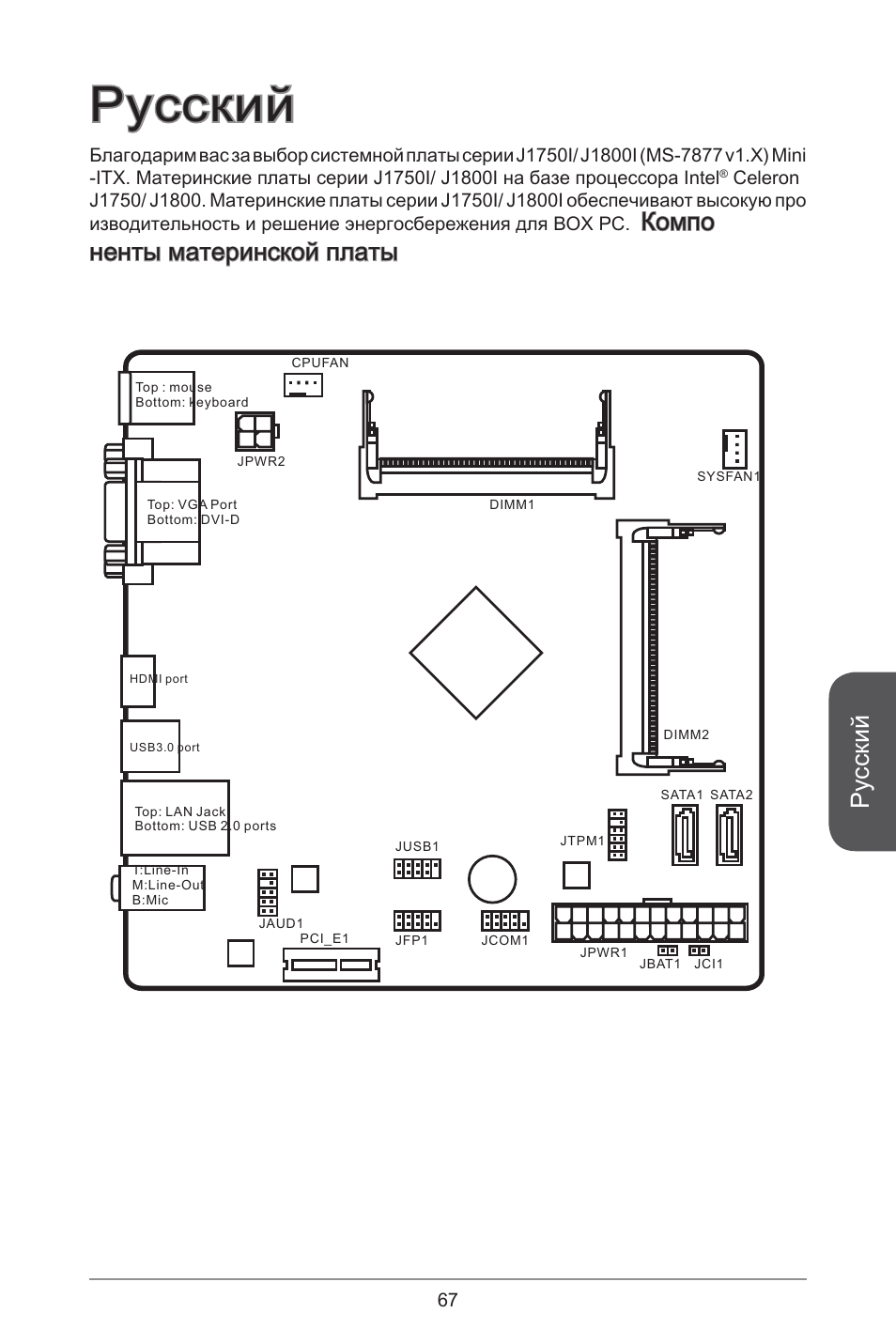 Русский, Компо ненты материнской платы | MSI J1800I User Manual | Page 67 / 122