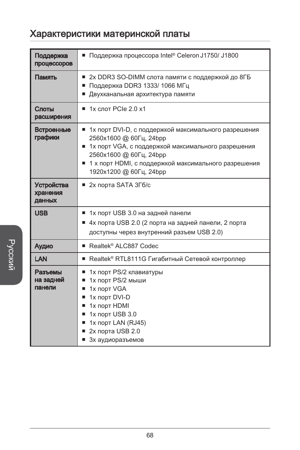 Характеристики материнской платы, Русский | MSI J1800I User Manual | Page 68 / 122