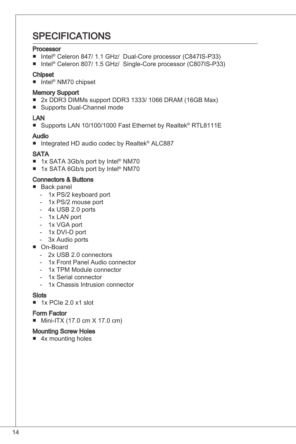 Specifications | MSI C847IS-P33 User Manual | Page 14 / 108