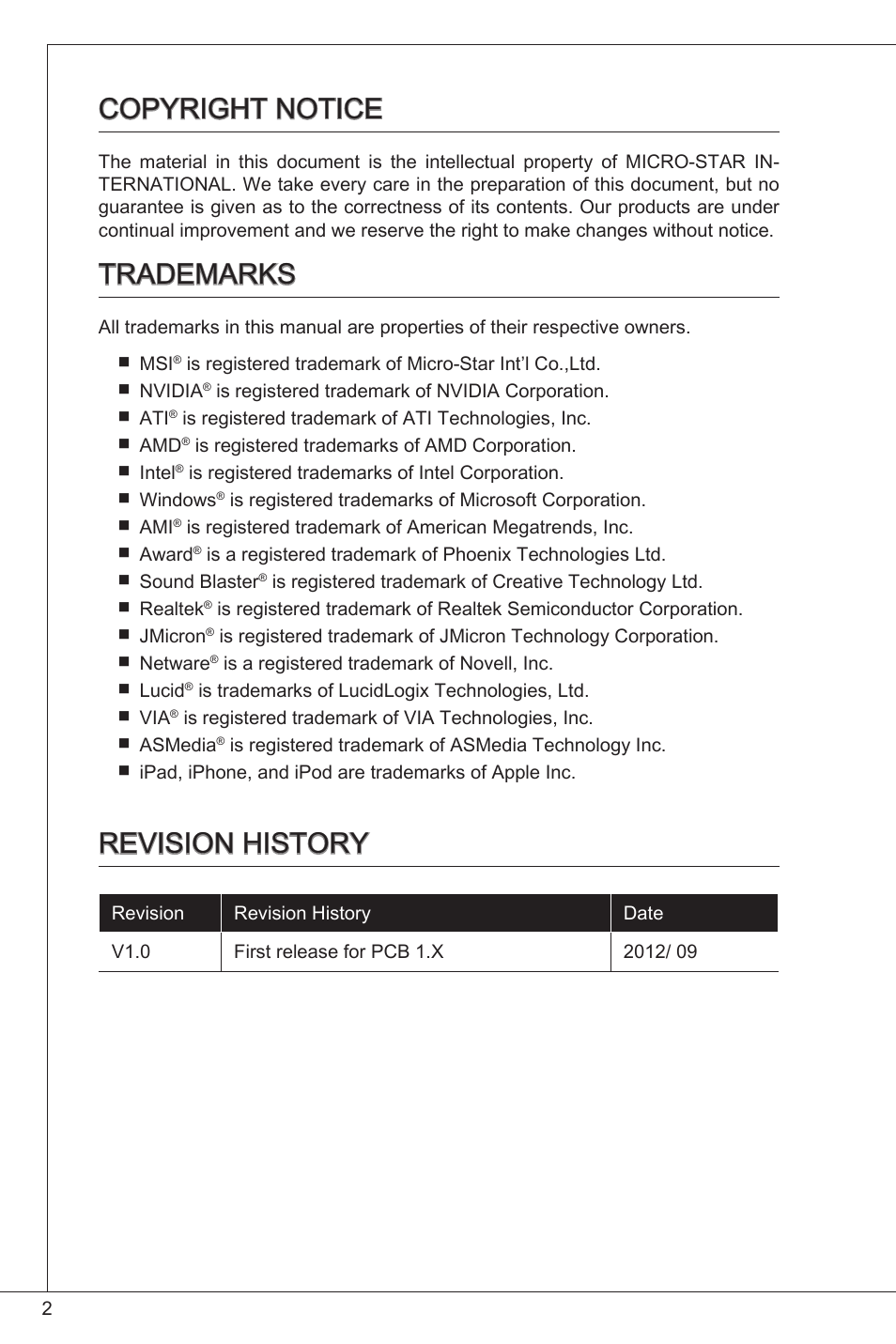Copyright notice, Trademarks, Revision history | MSI C847IS-P33 User Manual | Page 2 / 108