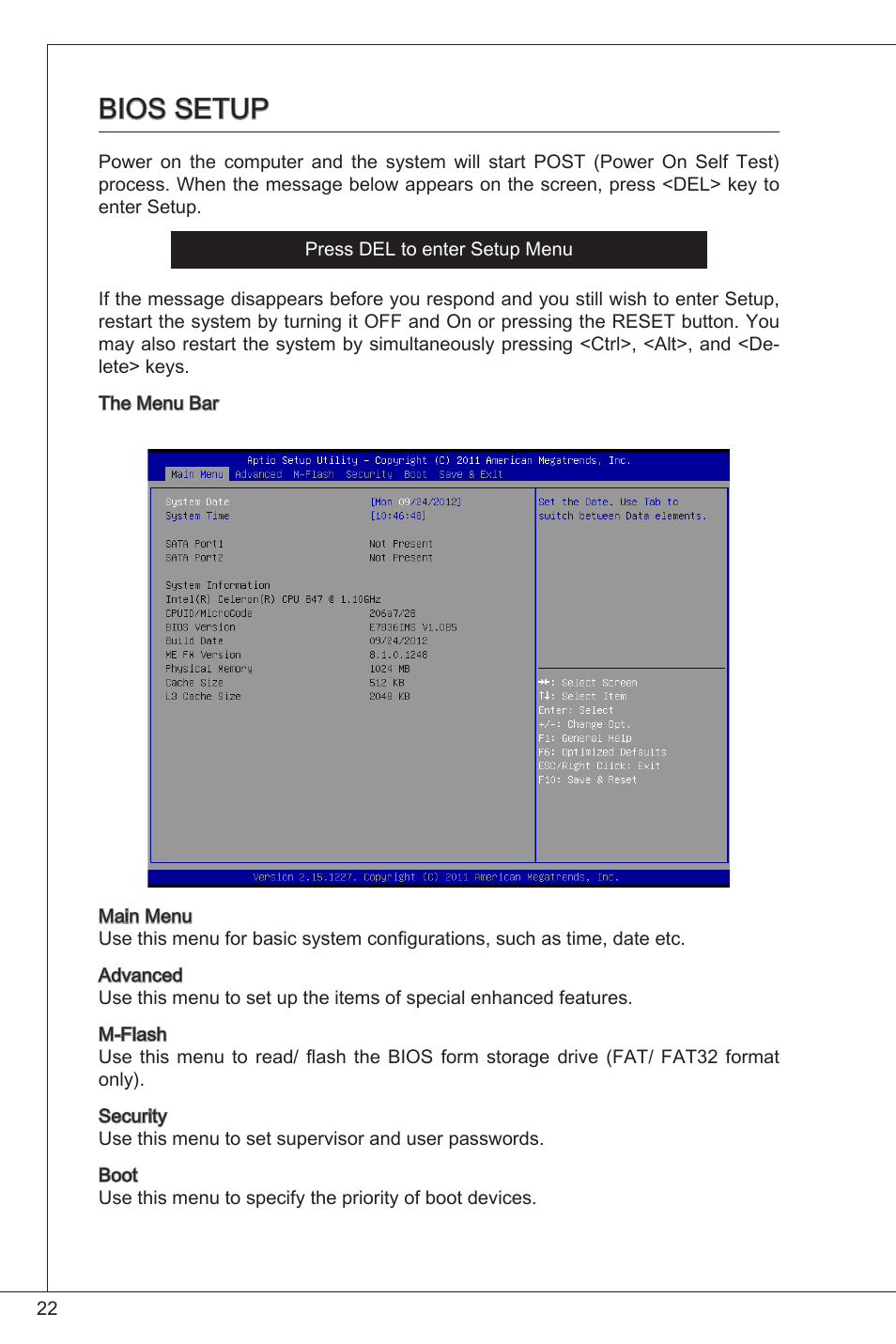 Bios setup | MSI C847IS-P33 User Manual | Page 22 / 108