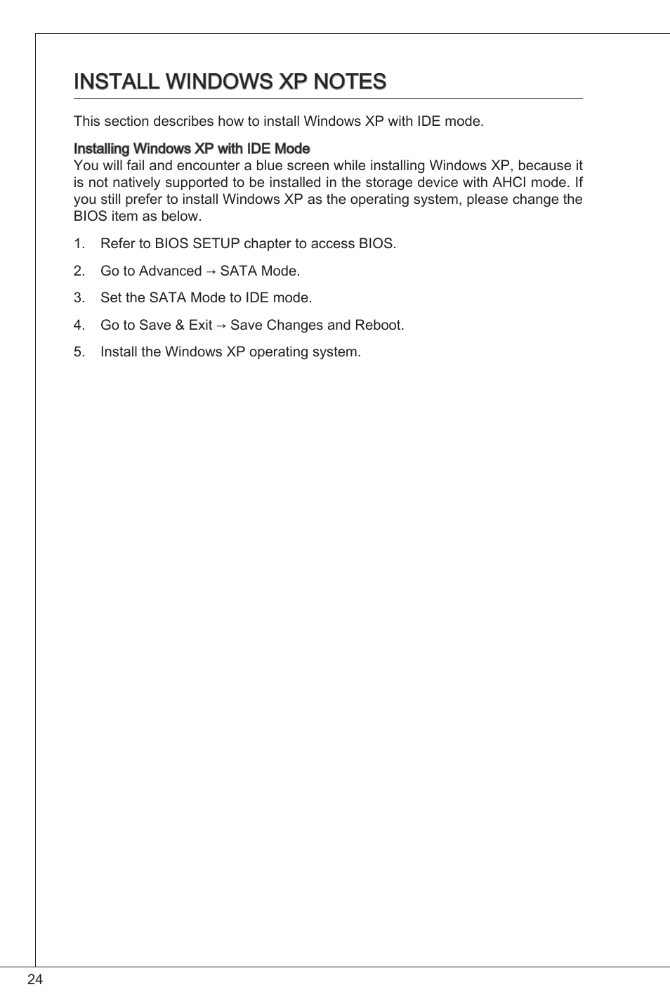 Install windows xp notes | MSI C847IS-P33 User Manual | Page 24 / 108
