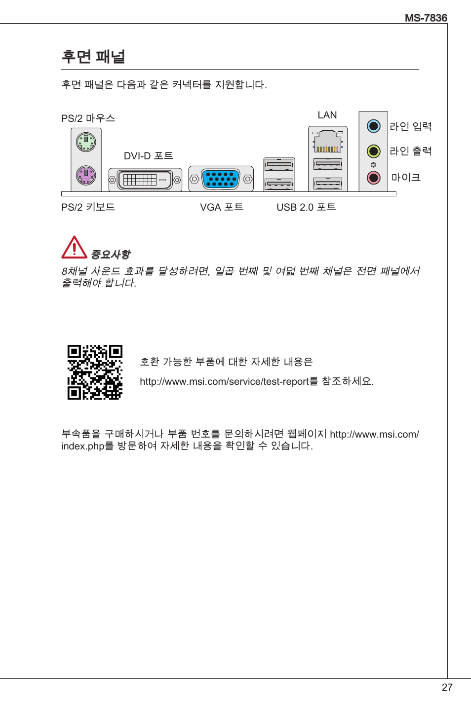 후면 패널 | MSI C847IS-P33 User Manual | Page 27 / 108