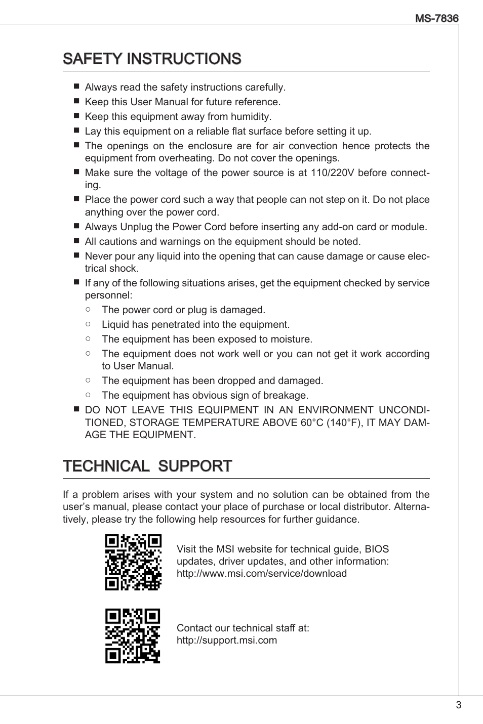 Safety instructions, Technical support | MSI C847IS-P33 User Manual | Page 3 / 108