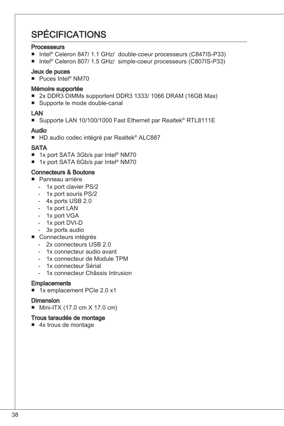 Spécifications | MSI C847IS-P33 User Manual | Page 38 / 108