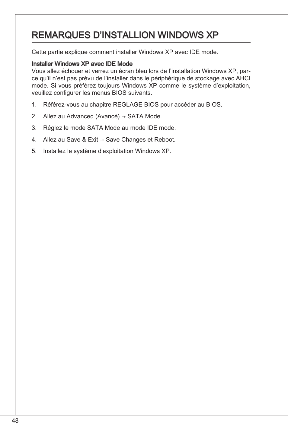 Remarques d’installion windows xp | MSI C847IS-P33 User Manual | Page 48 / 108