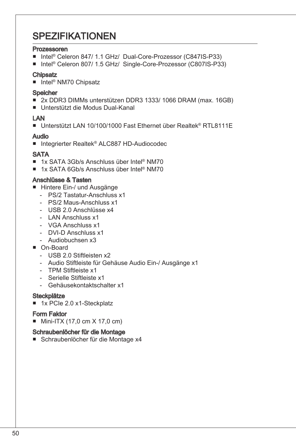 Spezifikationen | MSI C847IS-P33 User Manual | Page 50 / 108