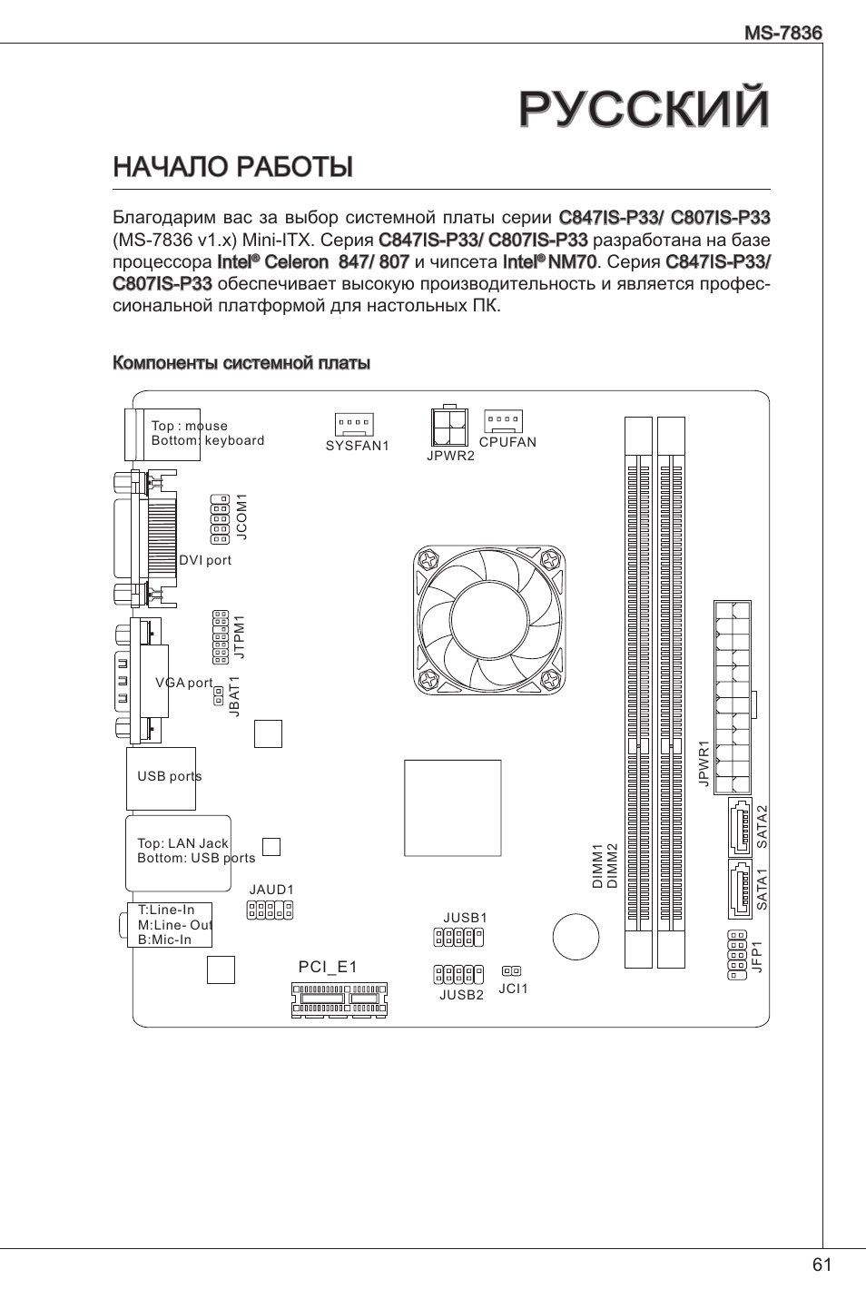 Русский, Начало работы | MSI C847IS-P33 User Manual | Page 61 / 108