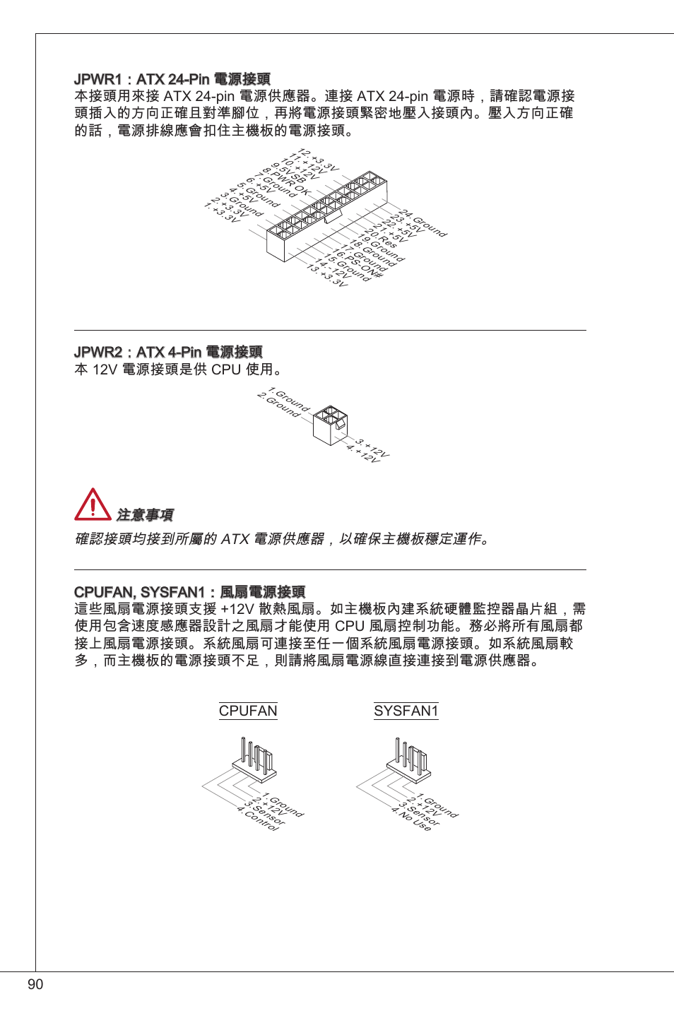 Jpwr2：atx 4-pin 電源接頭 本 2v 電源接頭是供 cpu 使用, Cpufan, Sysfan | MSI C847IS-P33 User Manual | Page 90 / 108