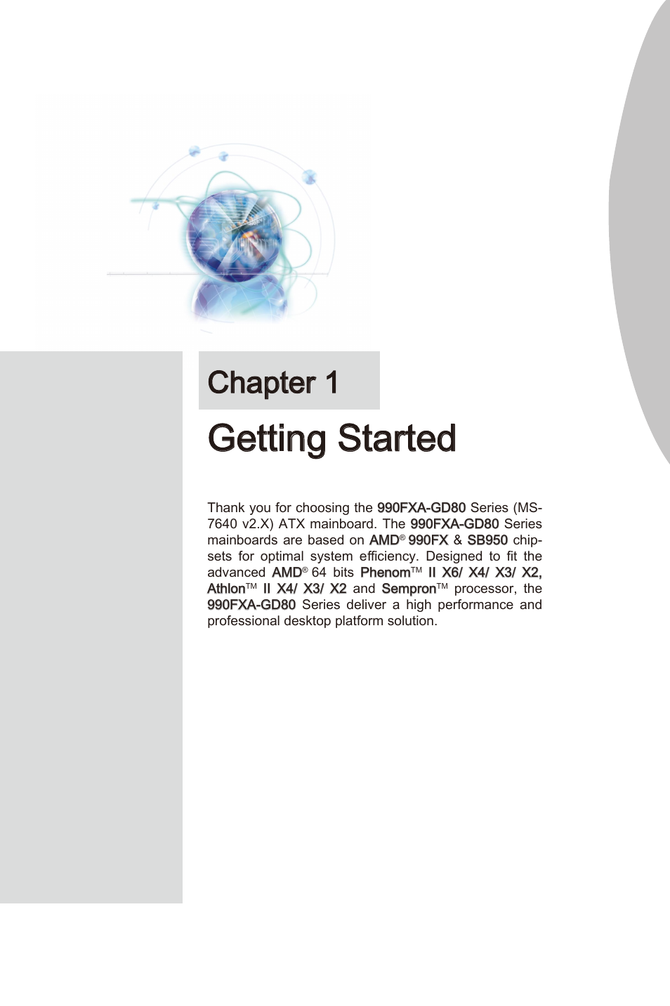 Chapter 1, Getting started, Chapter 1 gettng started -1 | Gettng started | MSI 990FXA-GD80 User Manual | Page 11 / 76