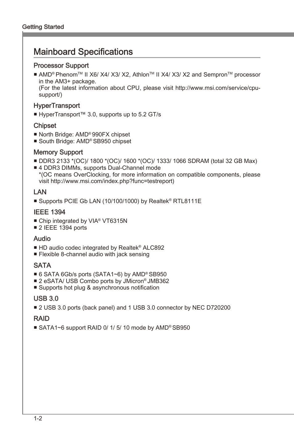 Mainboard specifications, Manboard specficatons -2, Chapter 1 | Chapter 1 manboard specficatons | MSI 990FXA-GD80 User Manual | Page 12 / 76