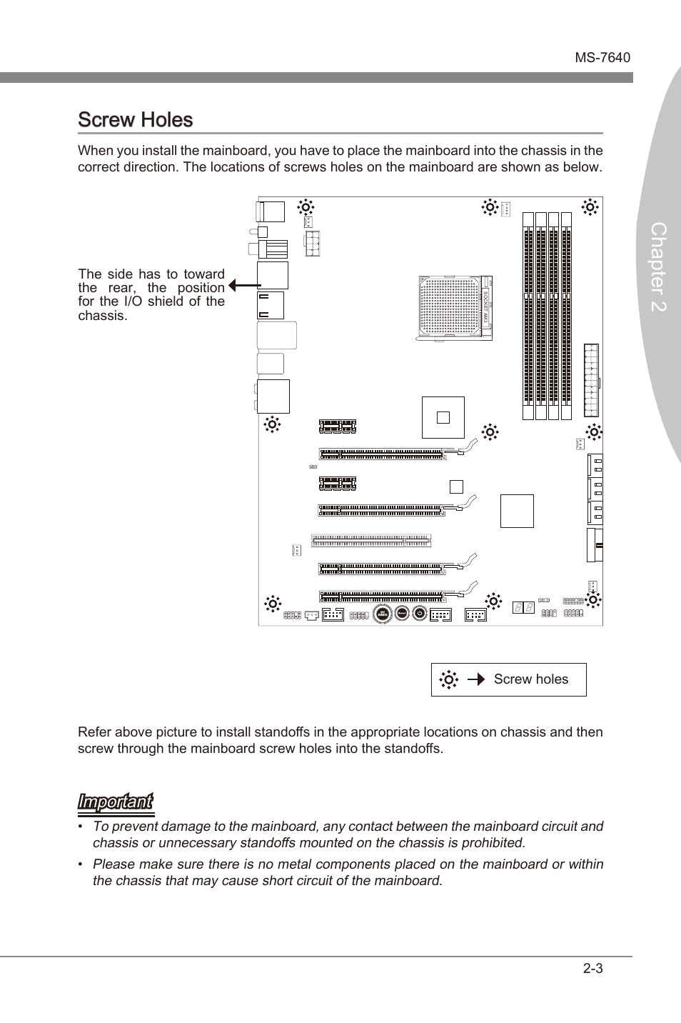 Screw holes, Screw holes -3, Chapter 2 | Important | MSI 990FXA-GD80 User Manual | Page 19 / 76