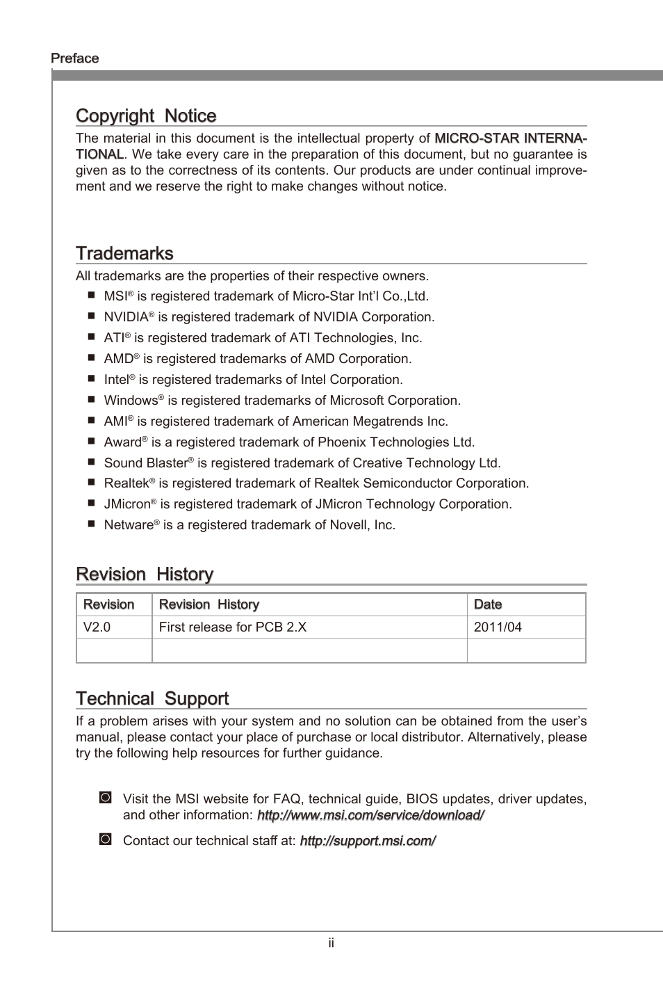 Copyright notice, Trademarks, Revision history | Technical support, Preface, Copyrght notce, Revson hstory, Techncal support | MSI 990FXA-GD80 User Manual | Page 2 / 76