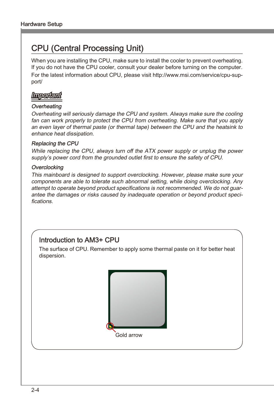 Cpu (central processing unit), Cpu (central processng unt) -4, Chapter 2 | Chapter 2 cpu (central processng unt), Important, Introducton to am3+ cpu | MSI 990FXA-GD80 User Manual | Page 20 / 76