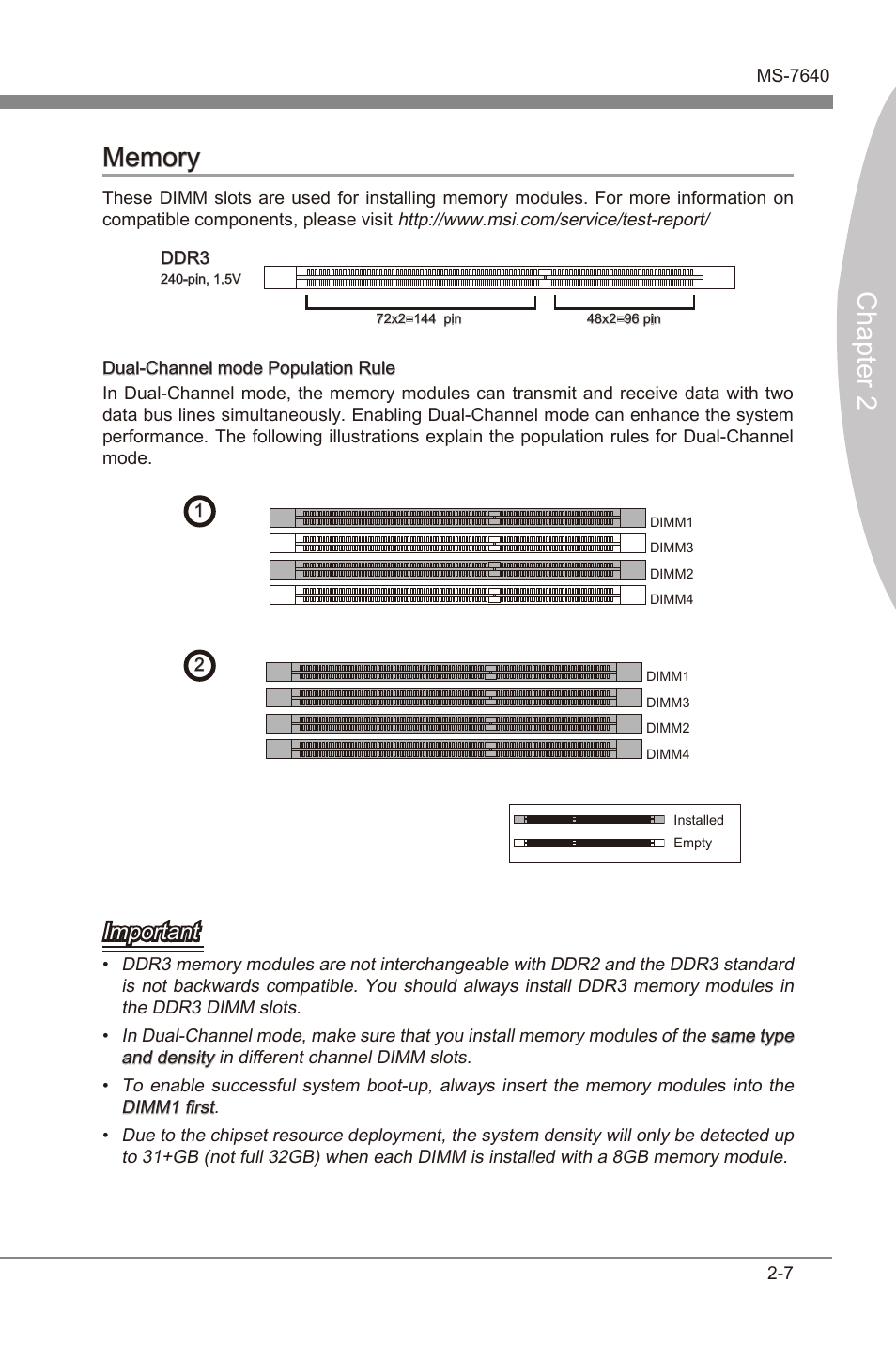 Memory, Memory -7, Chapter 2 | Important | MSI 990FXA-GD80 User Manual | Page 23 / 76