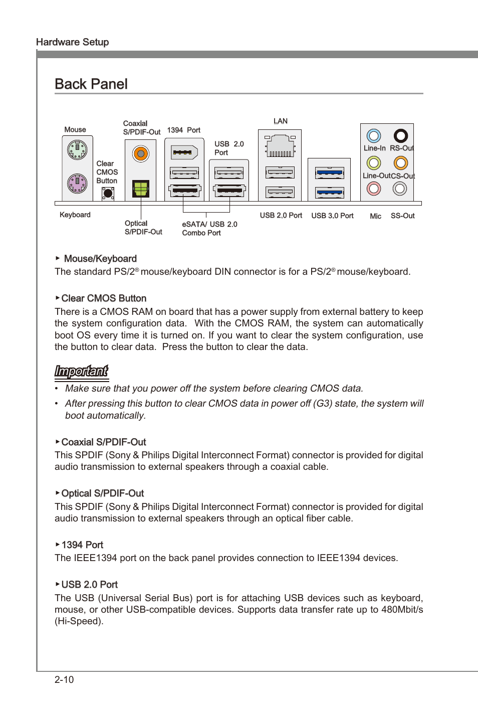 Back panel, Back panel -10, Chapter 2 | Chapter 2 back panel, Important | MSI 990FXA-GD80 User Manual | Page 26 / 76