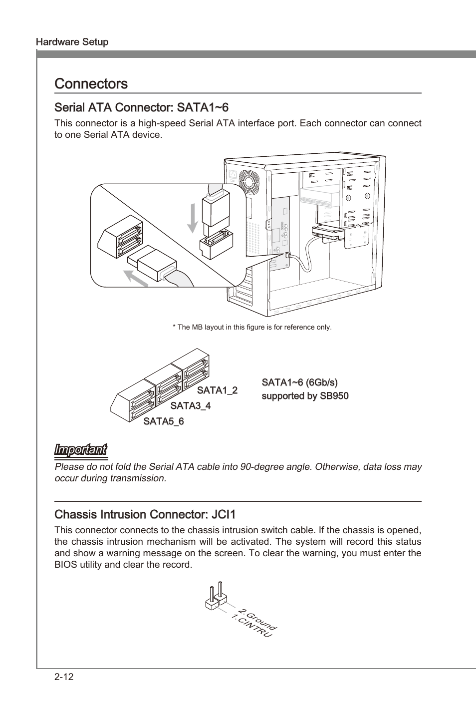 Connectors, Connectors -12, Chapter 2 | Chapter 2 connectors, Seral ata connector: sata1~6, Important, Chasss intruson connector: jci1 | MSI 990FXA-GD80 User Manual | Page 28 / 76