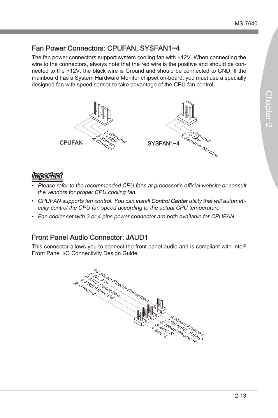 Chapter 2, Fan power connectors: cpufan, sysfan1~4, Important | Front panel audo connector: jaud1 | MSI 990FXA-GD80 User Manual | Page 29 / 76