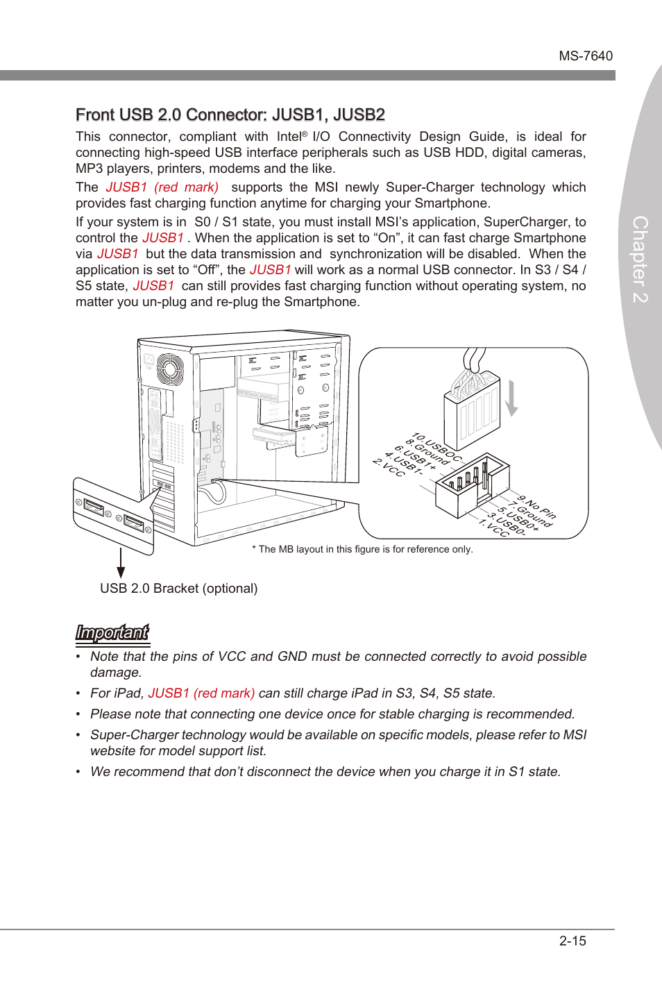 Chapter 2, Front usb 2.0 connector: jusb1, jusb2, Important | MSI 990FXA-GD80 User Manual | Page 31 / 76