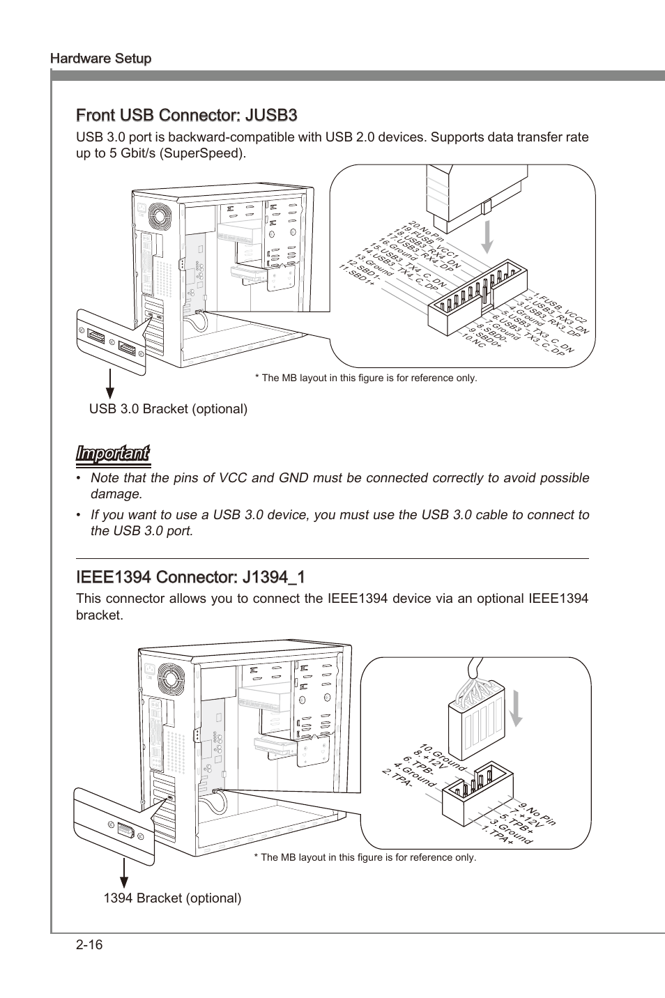 Chapter 2, Front usb connector: jusb3, Important | Hardware setup ms-7640, Usb 3.0 bracket (optonal), 1394 bracket (optonal) | MSI 990FXA-GD80 User Manual | Page 32 / 76