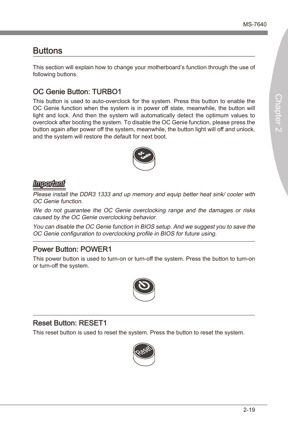 Buttons, Buttons -19, Chapter 2 | MSI 990FXA-GD80 User Manual | Page 35 / 76